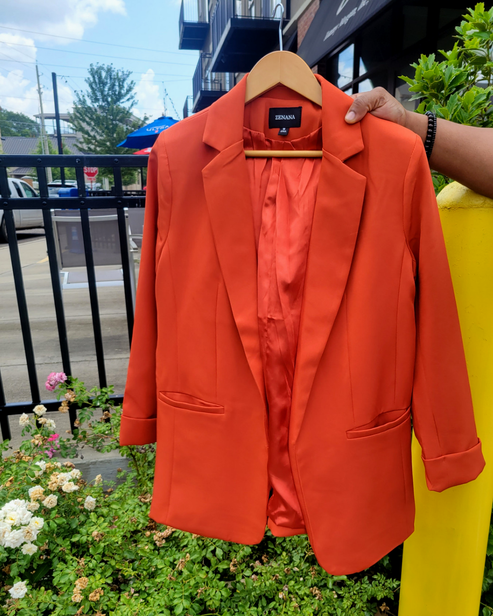 Women s Copper Orange Open Front Classic Blazer Rena s Couture