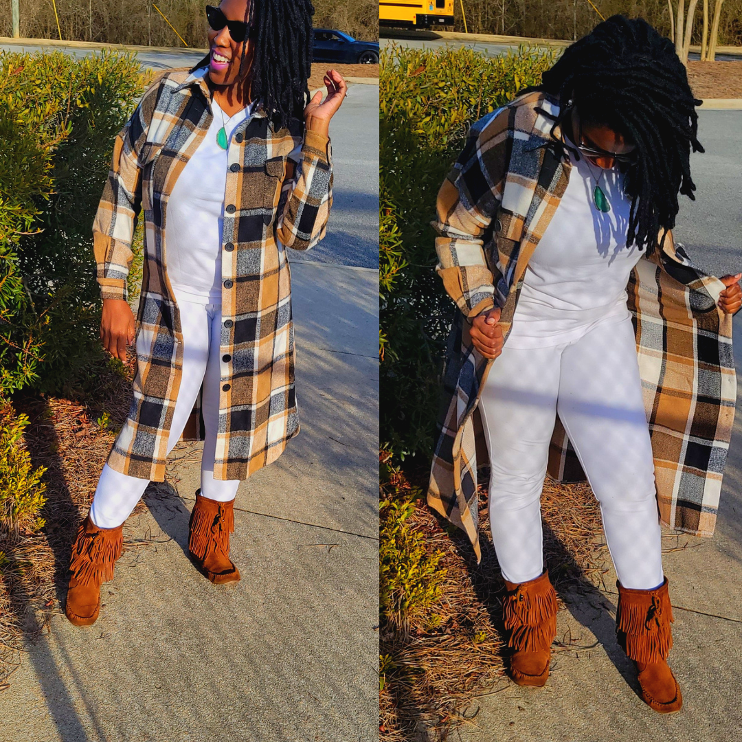 Rena's Brown and Tan Shacket Plaid Shirt Jacket
