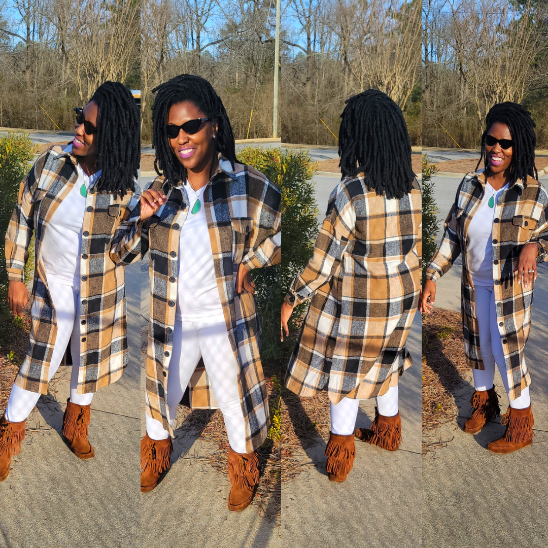 Rena's Brown and Tan Shacket Plaid Shirt Jacket