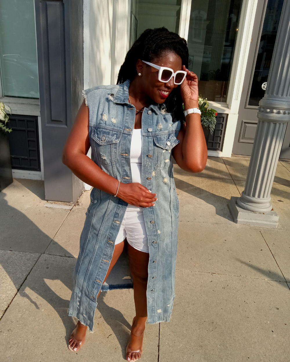 Women s Sleeveless Long Distressed Denim Jacket Vest Rena s Couture