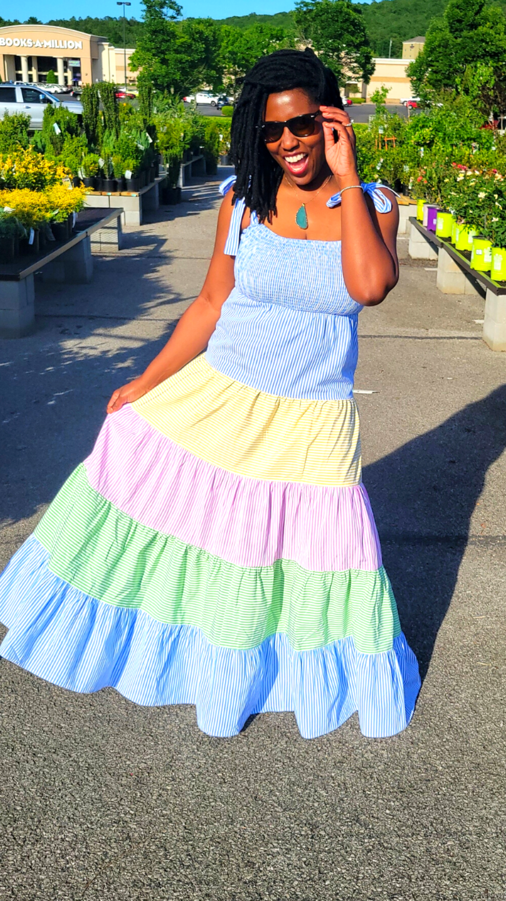 Rena's Pastel Boho Ruffle Hem Tied Shoulder Long Flowy Maxi Dress